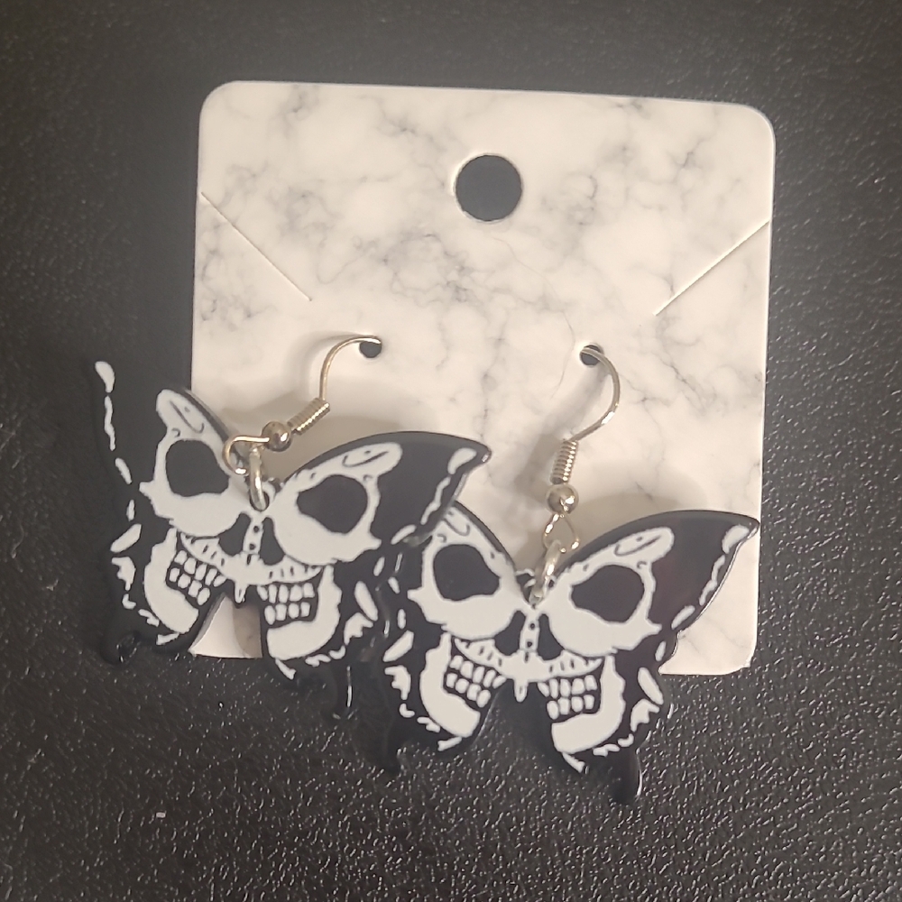 Handmade By Me! Black & White Skull Butterfly Dangle Earrings